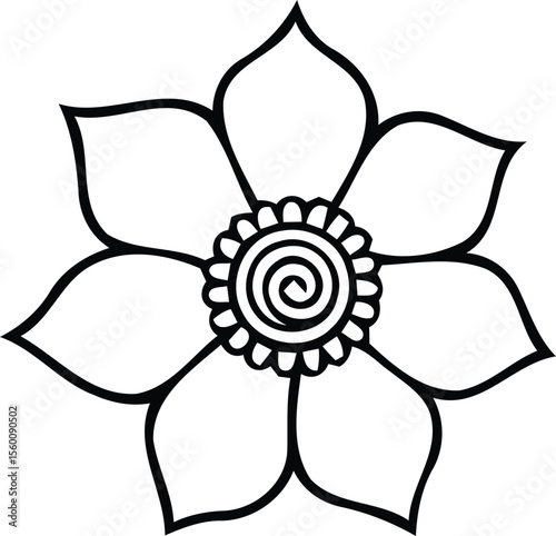 A simple black and white flower outline evoking peaceful meditative calm in a coloring book