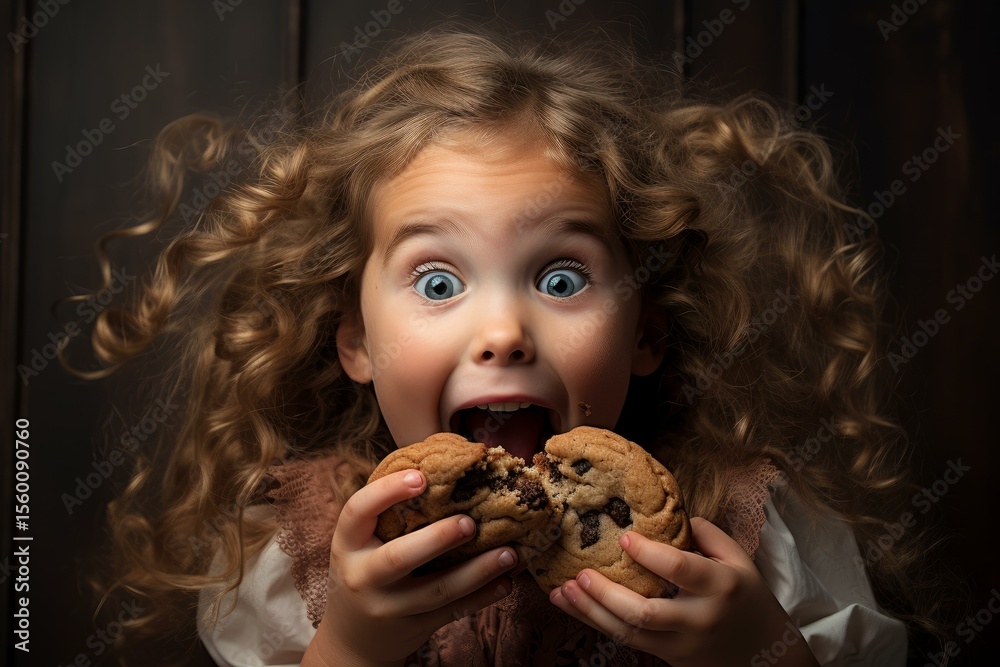 Naklejka premium Curly haired little girl with wide eyes is happily eating a chocolate chip cookie with surprised expression