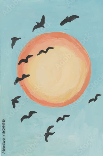 Birds Circling the Sun hand drawn watercolor