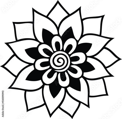 Black and white stylized blossom radiating peacefulness and symmetrical beauty in a minimalist art