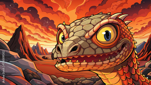 volcanic wasteland with a massive lava serpent erupting from the molten ground cartoon, surrounded by ash clouds and glowing magma