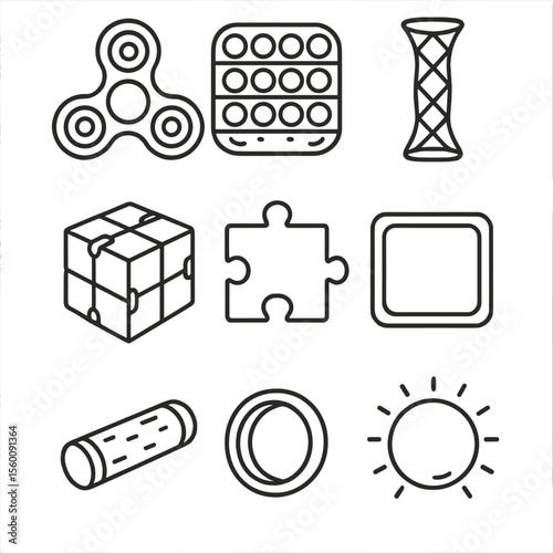 Glow Fidget Icon Collection. Line style icons of Glow-in-Dark Fidgets: glow spinner, glow Pop-It, glow mesh tube, glow infinity