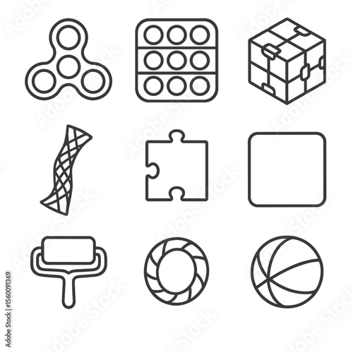 Glow Fidget Icon Collection. Line style icons of Glow-in-Dark Fidgets: glow spinner, glow Pop-It, glow mesh tube, glow infinity