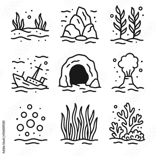 Underwater Line Icons. Line style icons of Underwater Landscapes: sandy seafloor, rock outcrop, kelp forest, sunken ship, cave