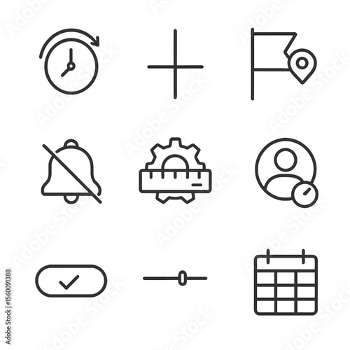Usage Reminder Icons. Line style icons of Usage Reminder Settings: reminder clock, threshold marker, flag notification, bell mute