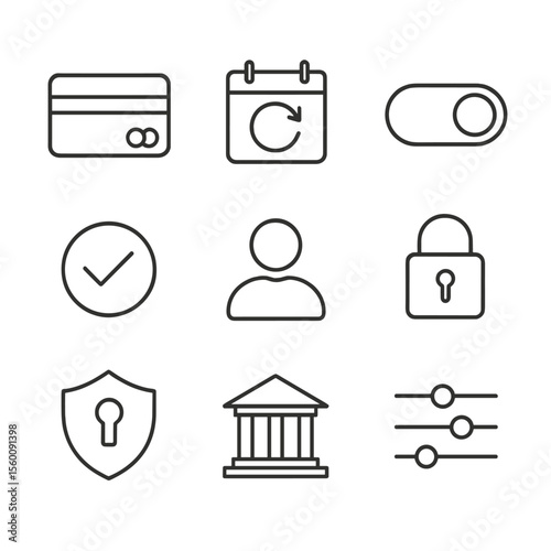 AutoPay Setup Icons. Line style icons of AutoPay Setup: credit card icon, recurring calendar arrow, switch toggle, secure lock,