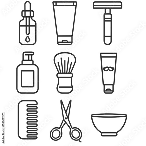 Men's Grooming Essentials. Line style icons of Men’s Grooming Kit: beard oil dropper, shaving cream tube, safety razor, pre-shave