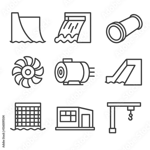 Hydroelectric Dam Icons. Line style icons of Hydroelectric Dam Components: dam wall, spillway gate, penstock pipe, turbine runner,