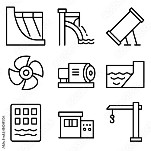 Hydroelectric Dam Icons. Line style icons of Hydroelectric Dam Components: dam wall, spillway gate, penstock pipe, turbine runner,