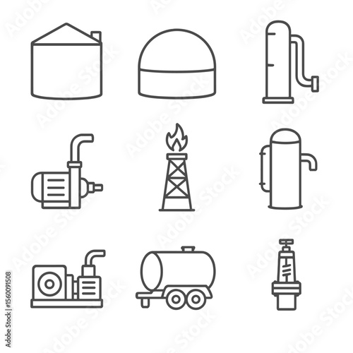 Biogas System Line Icons. Line style icons of Biogas Digester Systems: anaerobic digester tank, gas storage dome, inlet mixer,