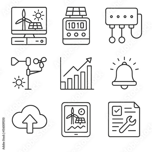 Renewable Monitoring Icons. Line style icons of Renewable Monitoring Tools: SCADA workstation, data logger, sensor array, weather