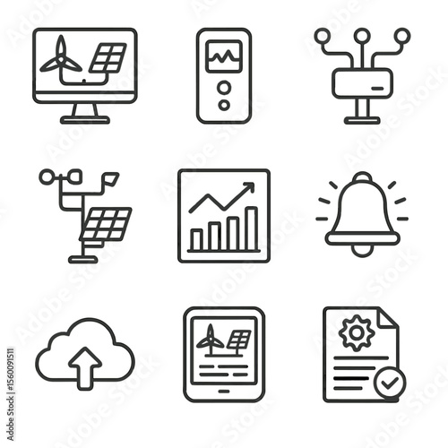 Renewable Monitoring Icons. Line style icons of Renewable Monitoring Tools: SCADA workstation, data logger, sensor array, weather