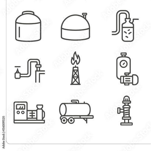 Biogas System Line Icons. Line style icons of Biogas Digester Systems: anaerobic digester tank, gas storage dome, inlet mixer,