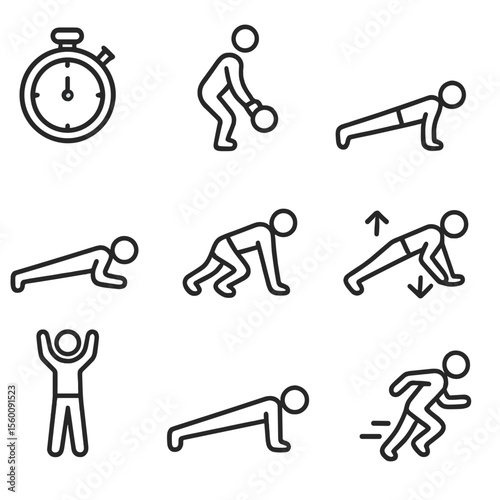 HIIT Icons Collection. Line style icons of HIIT Session Elements: timer, kettlebell swing, jump squat, push-up, mountain climber,