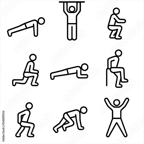 Bodyweight Exercise Icons. Line style icons of Bodyweight Exercises: push-up, pull-up, squat, lunge, plank, dip, burpee, mountain