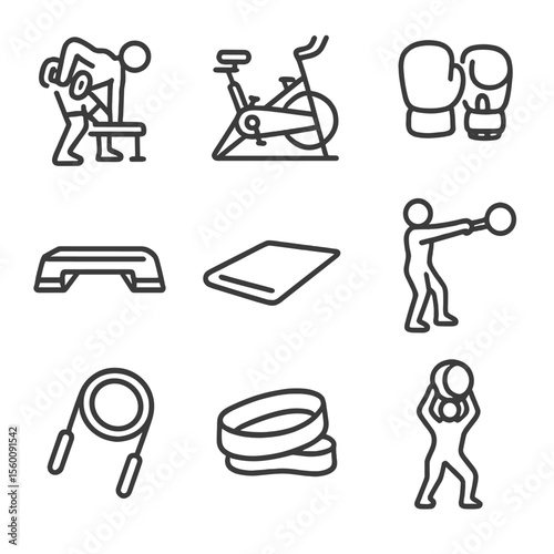 Group Fitness Icons. Line style icons of Group Fitness Classes: dumbbell row, spin bike, boxing gloves, step platform, aerobics