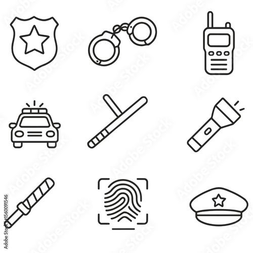 Law Enforcement Icons. Line style icons of Law Enforcement Gear: police badge, handcuffs, patrol car, radio handset, nightstick,