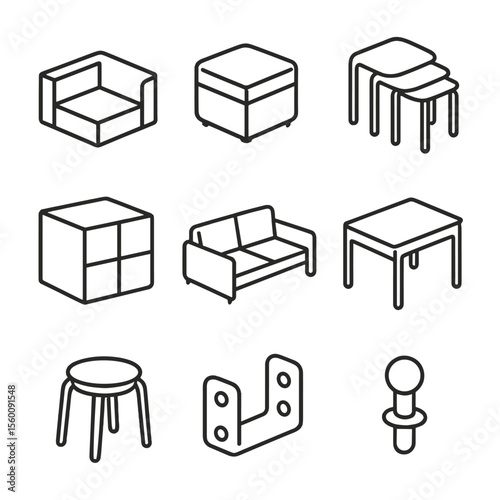 Modular Furniture Icons. Line style icons of Modular Furniture: sectional module, storage ottoman, nesting table, cube unit,