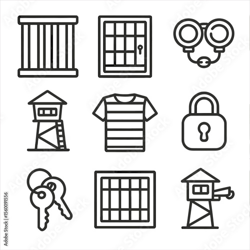 Penal System Icons. Line style icons of Penal System Icons: prison bars, cell door, handcuffs, guard tower, prison uniform, lock