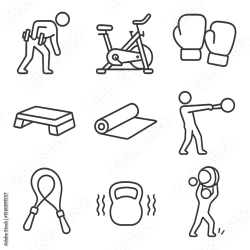 Group Fitness Icons. Line style icons of Group Fitness Classes: dumbbell row, spin bike, boxing gloves, step platform, aerobics