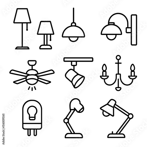 Lighting Fixture Icons. Line style icons of Lighting Fixtures: floor lamp, table lamp, pendant light, wall sconce, ceiling fan