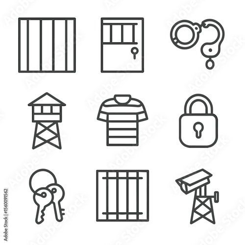 Penal System Icons. Line style icons of Penal System Icons: prison bars, cell door, handcuffs, guard tower, prison uniform, lock