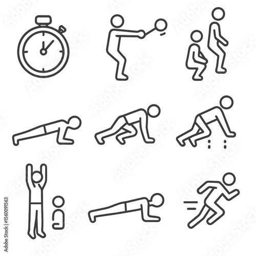 HIIT Icons Collection. Line style icons of HIIT Session Elements: timer, kettlebell swing, jump squat, push-up, mountain climber,