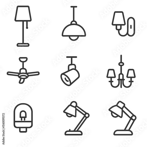 Lighting Fixture Icons. Line style icons of Lighting Fixtures: floor lamp, table lamp, pendant light, wall sconce, ceiling fan