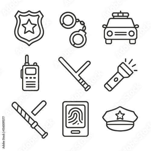 Law Enforcement Icons. Line style icons of Law Enforcement Gear: police badge, handcuffs, patrol car, radio handset, nightstick,