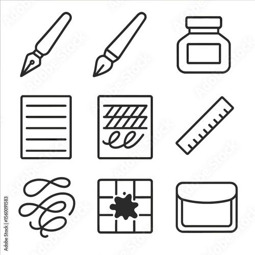 Calligraphy Tool Icons. Line style icons of Calligraphy & Lettering: pointed nib dip pen, brush pen, ink jar, guideline sheet,
