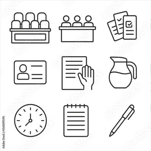 Jury Deliberation Icons. Line style icons of Jury Deliberation Set: jury box seats, deliberation table, voting slips, name tags,