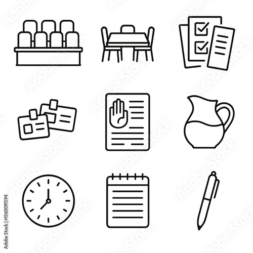 Jury Deliberation Icons. Line style icons of Jury Deliberation Set: jury box seats, deliberation table, voting slips, name tags,