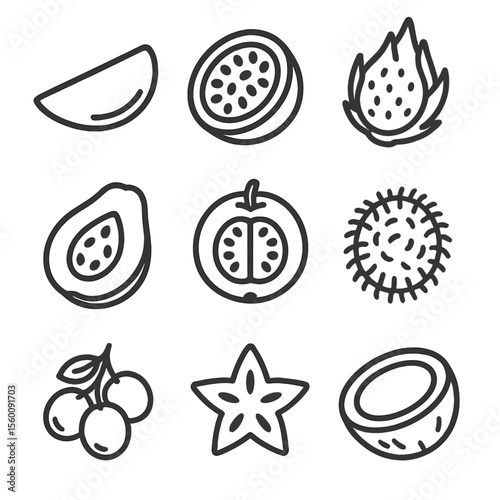 Tropical Fruit Icons. Line style icons of Exotic Tropical Fruits silhouette: mango slice, passionfruit half, dragonfruit wedge,