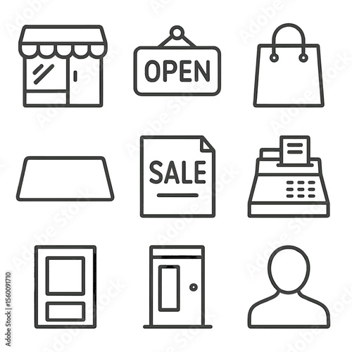 Retail Storefront Icons. Line style icons of Retail Storefront: shop awning, display window, open sign, shopping bag, welcome mat,