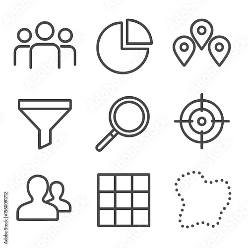 Market Segmentation Icons. Line style icons of Market Segmentation: demographic group, pie chart slice, map pin cluster, filter