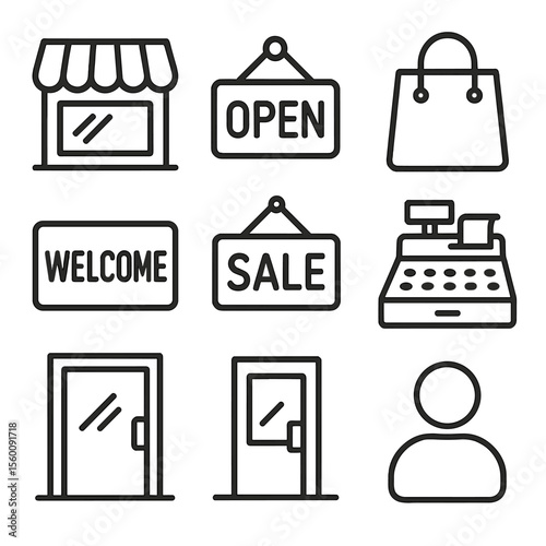 Retail Storefront Icons. Line style icons of Retail Storefront: shop awning, display window, open sign, shopping bag, welcome mat,