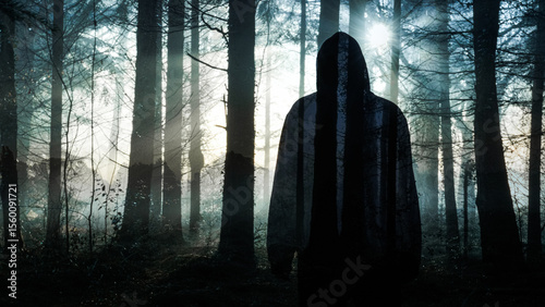 A double exposure of a hooded horror figure, standing in a spooky forest on a foggy winters day