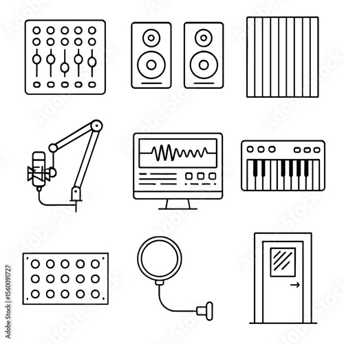 Recording Studio Icons. Line style icons of Recording Studio Setup: mixing desk, studio monitors, acoustic panels, microphone boom