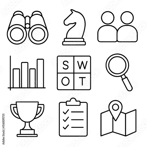 Competitive Analysis Icons. Line style icons of Competitive Analysis: binoculars lens, chess knight, rival silhouettes, bar chart