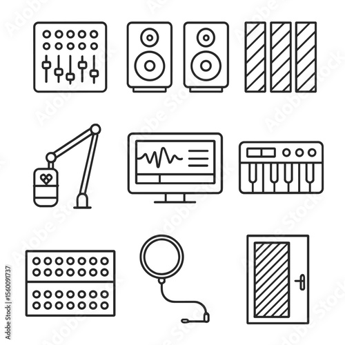 Recording Studio Icons. Line style icons of Recording Studio Setup: mixing desk, studio monitors, acoustic panels, microphone boom