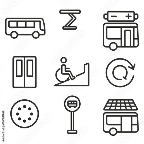 Electric Bus Icon Set. Line style icons of Electric Buses: bus silhouette, charging pantograph, battery pack roof, passenger door,