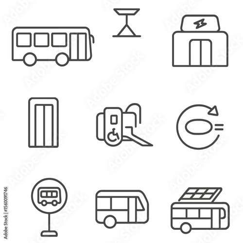 Electric Bus Icon Set. Line style icons of Electric Buses: bus silhouette, charging pantograph, battery pack roof, passenger door,
