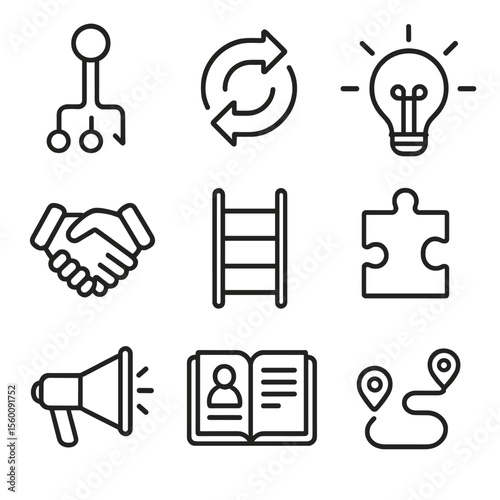 Change Management Icons. Line style icons of Change Management: gear shift icon, transformation arrow, lightbulb idea, handshake