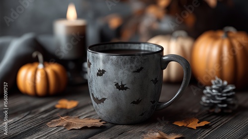 Autumn Night with Spooky Cup and Pumpkins