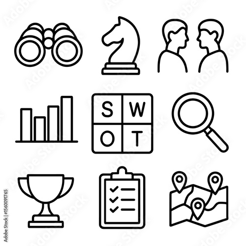 Competitive Analysis Icons. Line style icons of Competitive Analysis: binoculars lens, chess knight, rival silhouettes, bar chart