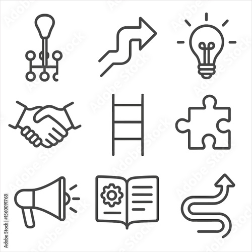 Change Management Icons. Line style icons of Change Management: gear shift icon, transformation arrow, lightbulb idea, handshake
