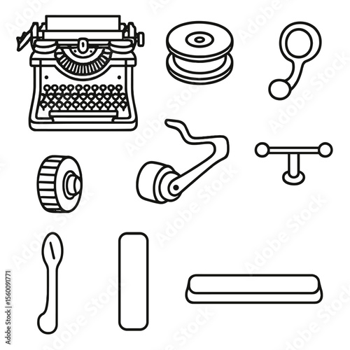 Antique Typewriter Icons. Line style icons of Antique Typewriters: Underwood typewriter, ribbon spool, key lever, platen knob,