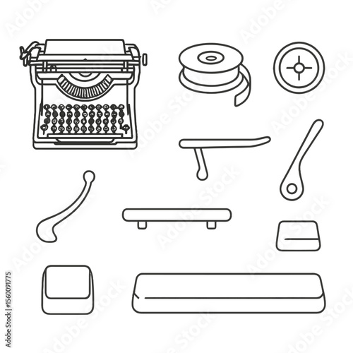 Antique Typewriter Icons. Line style icons of Antique Typewriters: Underwood typewriter, ribbon spool, key lever, platen knob,