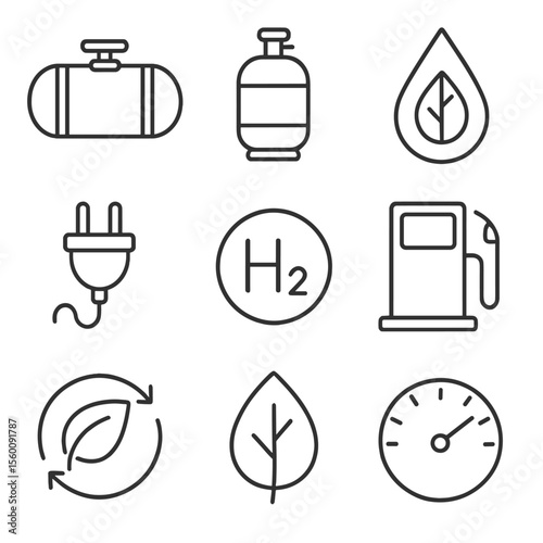 Alternative Fuel Icons. Line style icons of Alternative Fuel Vehicles: CNG cylinder, LPG tank, biofuel drop, electric plug,