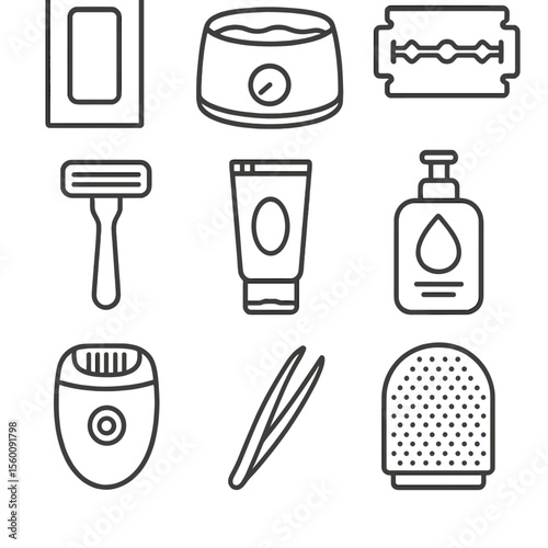 Hair Removal Kit Icons. Line style icons of Hair Removal Kit: waxing strip, wax warmer pot, razor blade, shaving cream tube,